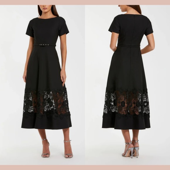 NWT MAC DUGGAL [ XL ] 81206 Crepe‎ Boat Neck Midi Dress With Belt Black J1917 - Picture 1 of 13